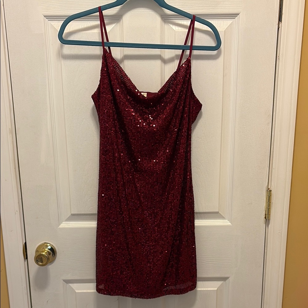 BeBop Wine Sequin Mini Dress Cowl Neck spaghetti Straps Sleeveless Size Small